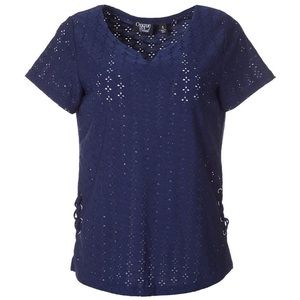Onque Casual Eyelet Split Neckline Top Blue Large